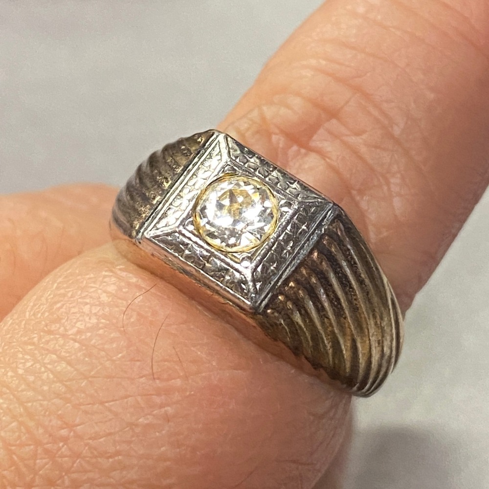 Mens Gold Tone Square Signet Ring 9.5 with Clear CZ Accent Statement Jewelry